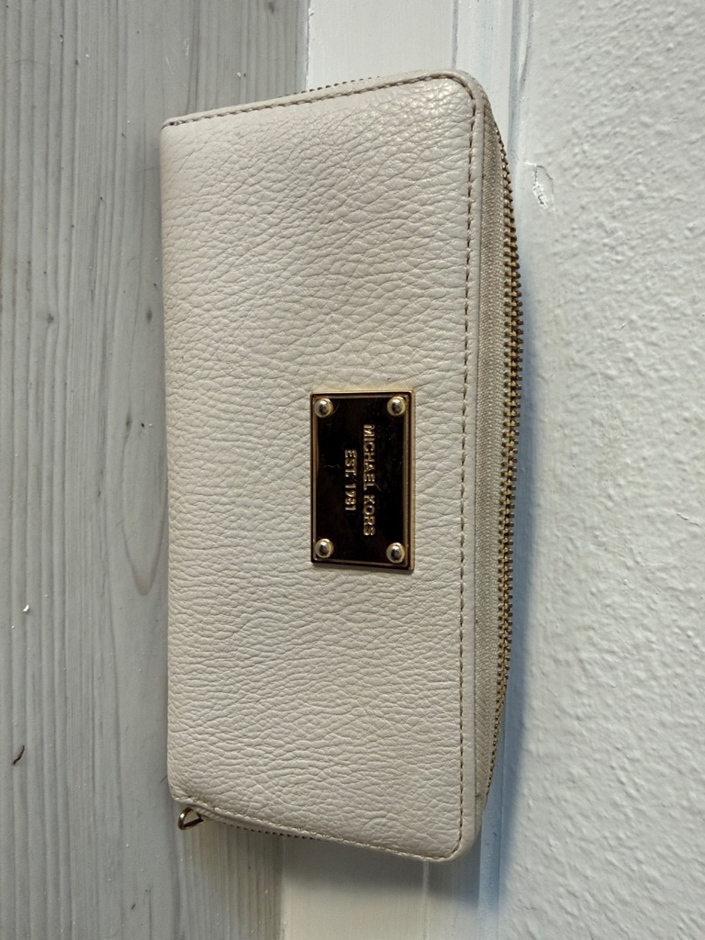 Michael Kors Off-White Leather Zip Wallet with Gold Plate